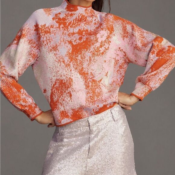 The Beatriz Mock-Neck Sweater:
Lurex Edition Abstract Orange and Pink Sweater - Picture 8 of 8